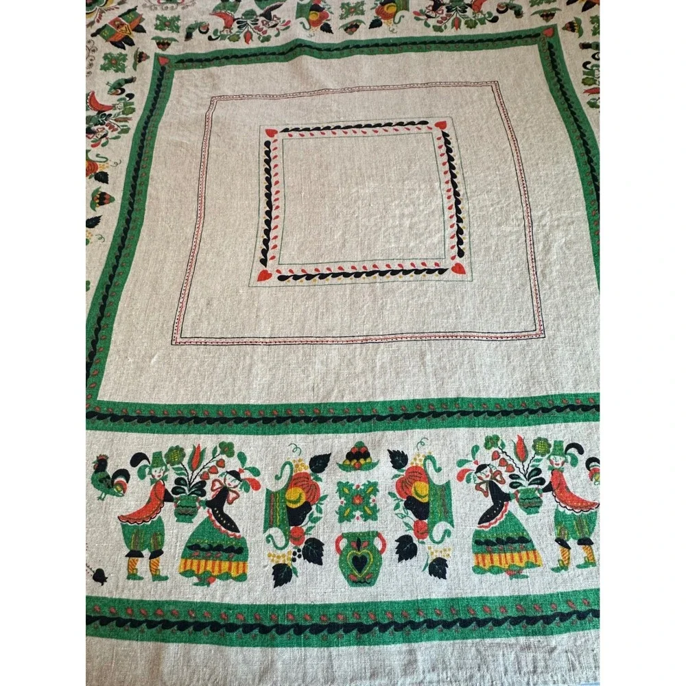 Vintage Scandinavian Folk Art Linen Blend Tablecloth 48x48 Beige Green Red